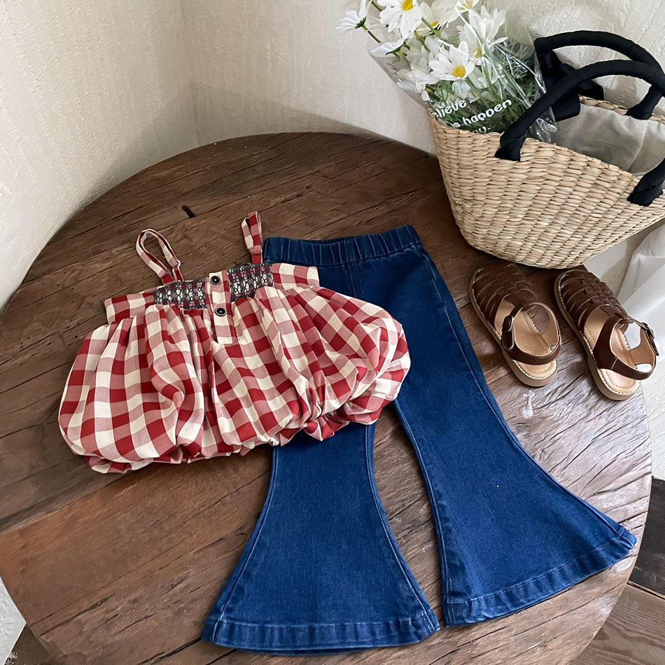 Lil Tomatoes Girls Crop Top with Flared Denim Trouser