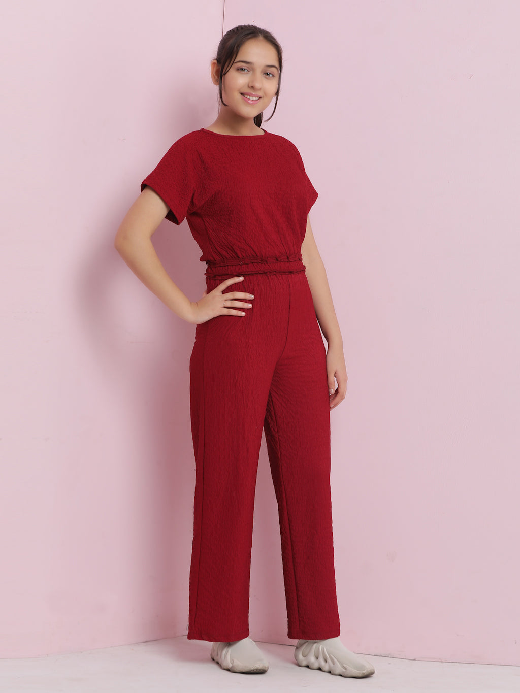 Lil Tomatoes Girls Cotton Jumpsuit-Maroon