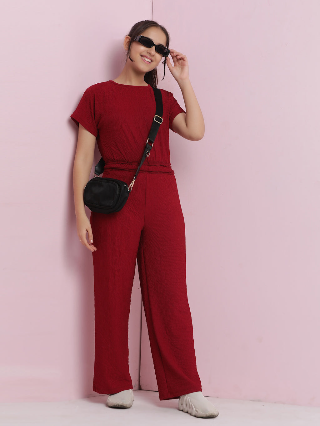 Lil Tomatoes Girls Cotton Jumpsuit-Maroon