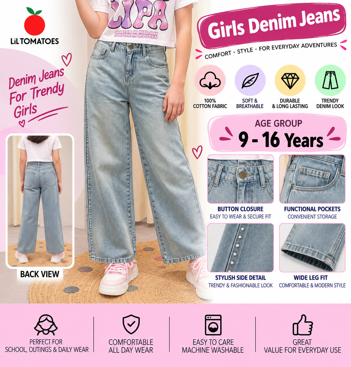 Lil Tomatoes Girls Wide Leg Denim Jeans