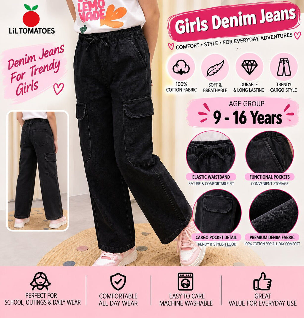 Lil Tomatoes Girls Wide Leg Cargo Denim Jeans