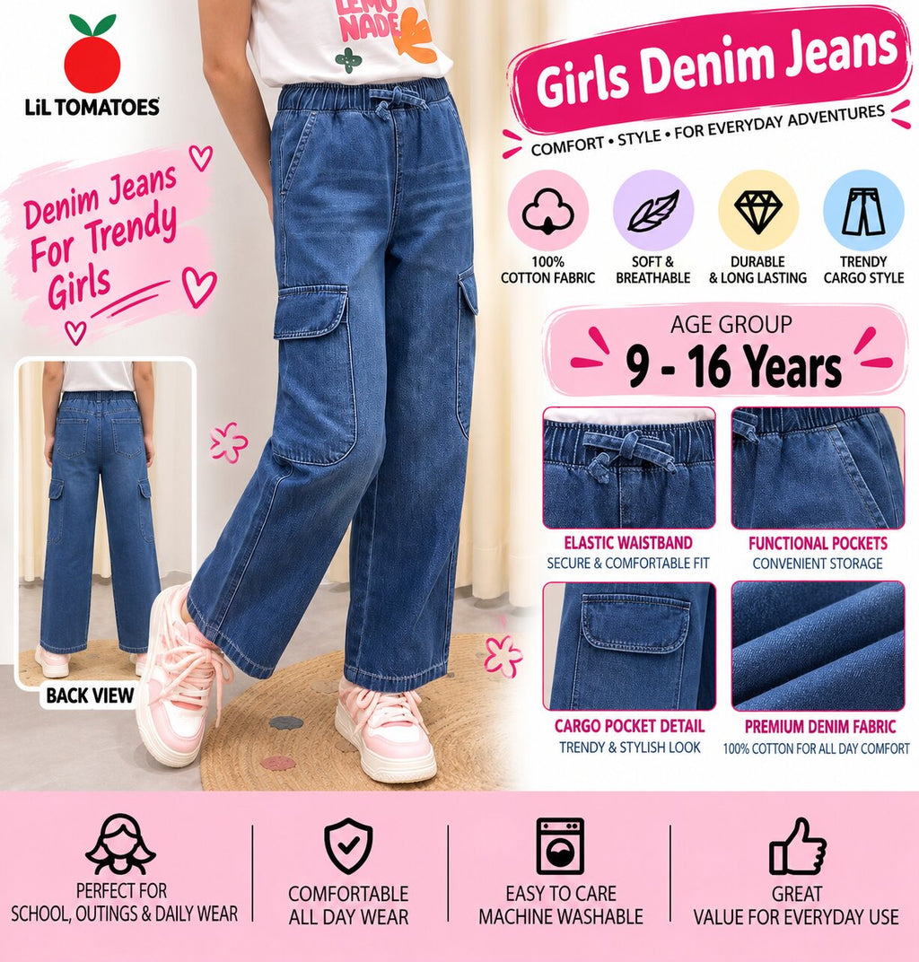 Lil Tomatoes Girls Wide Leg Cargo Denim Jeans
