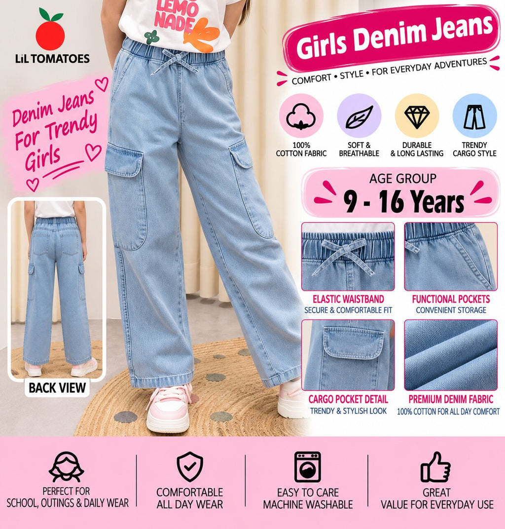 Lil Tomatoes Girls Wide Leg Cargo Denim Jeans