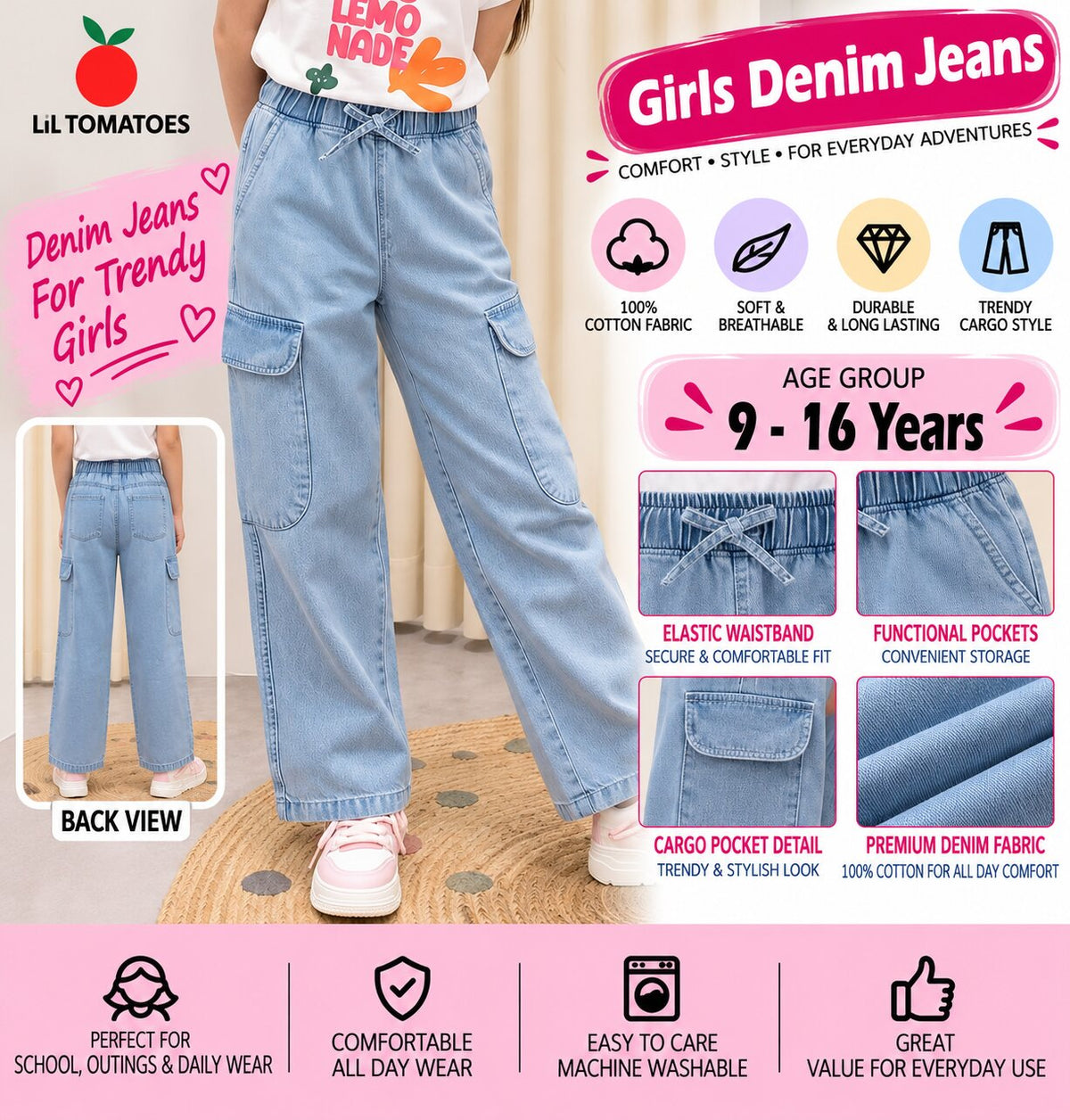 Lil Tomatoes Girls Wide Leg Cargo Denim Jeans