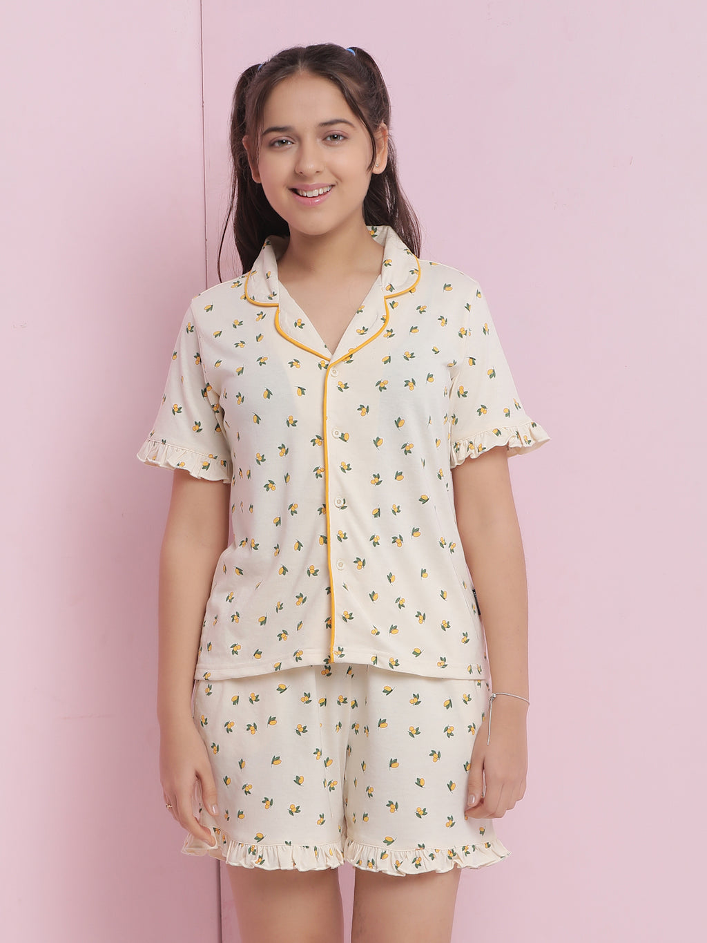 Lil Tomatoes Girls Cotton Night Suits-Cream