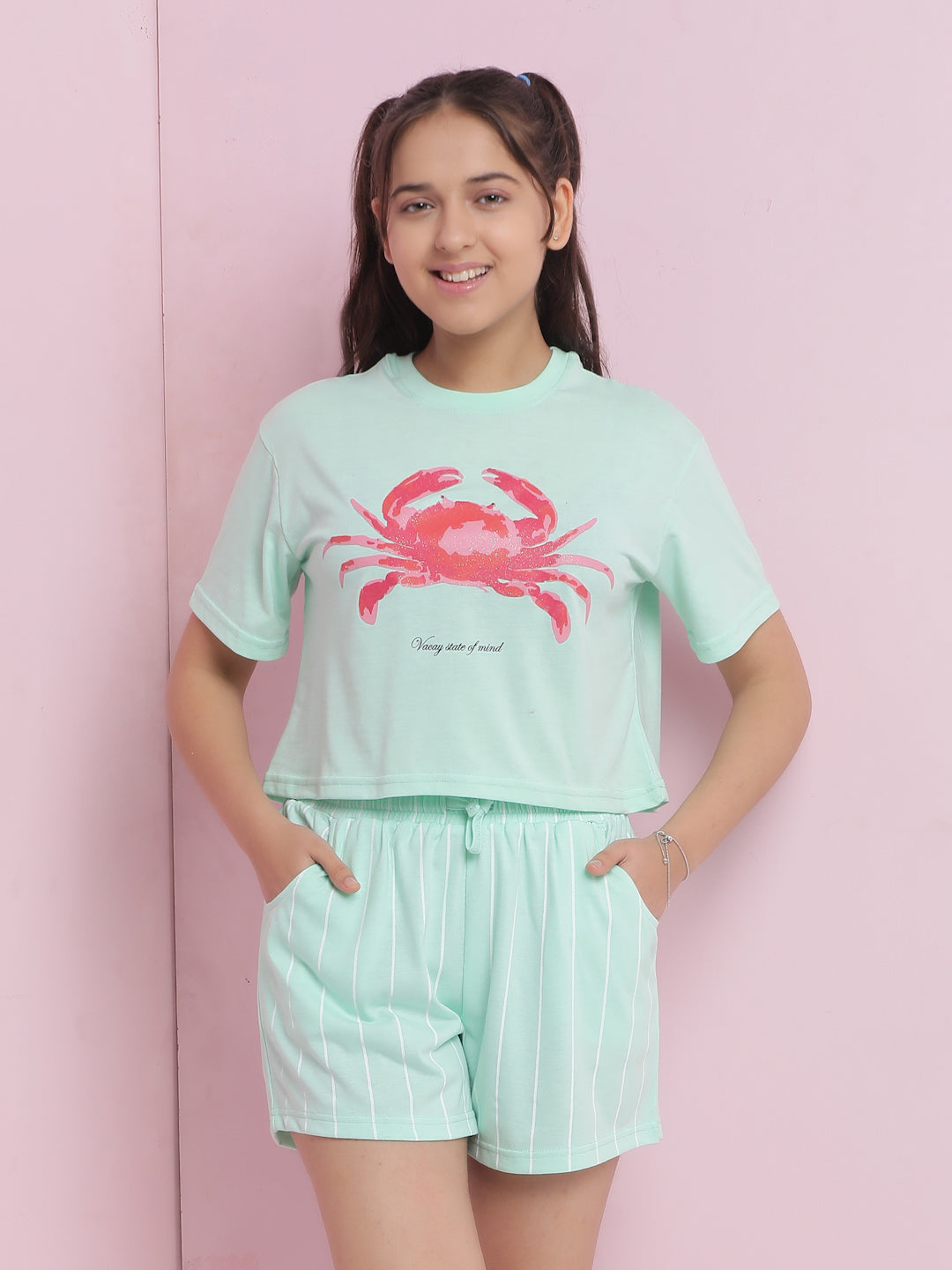 Lil Tomatoes Girls Cotton Night Suits-LtGreen