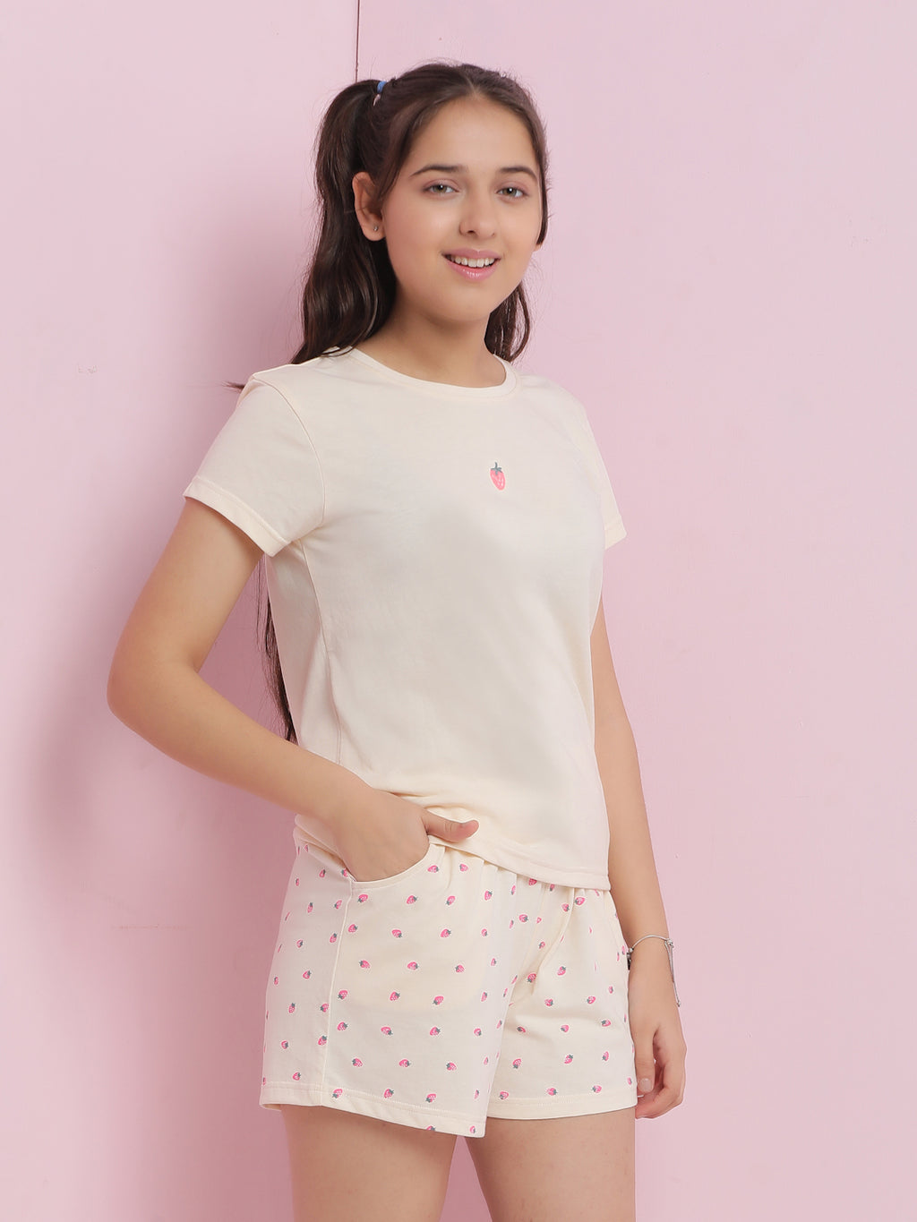 Lil Tomatoes Girls Cotton Night Suits-Cream