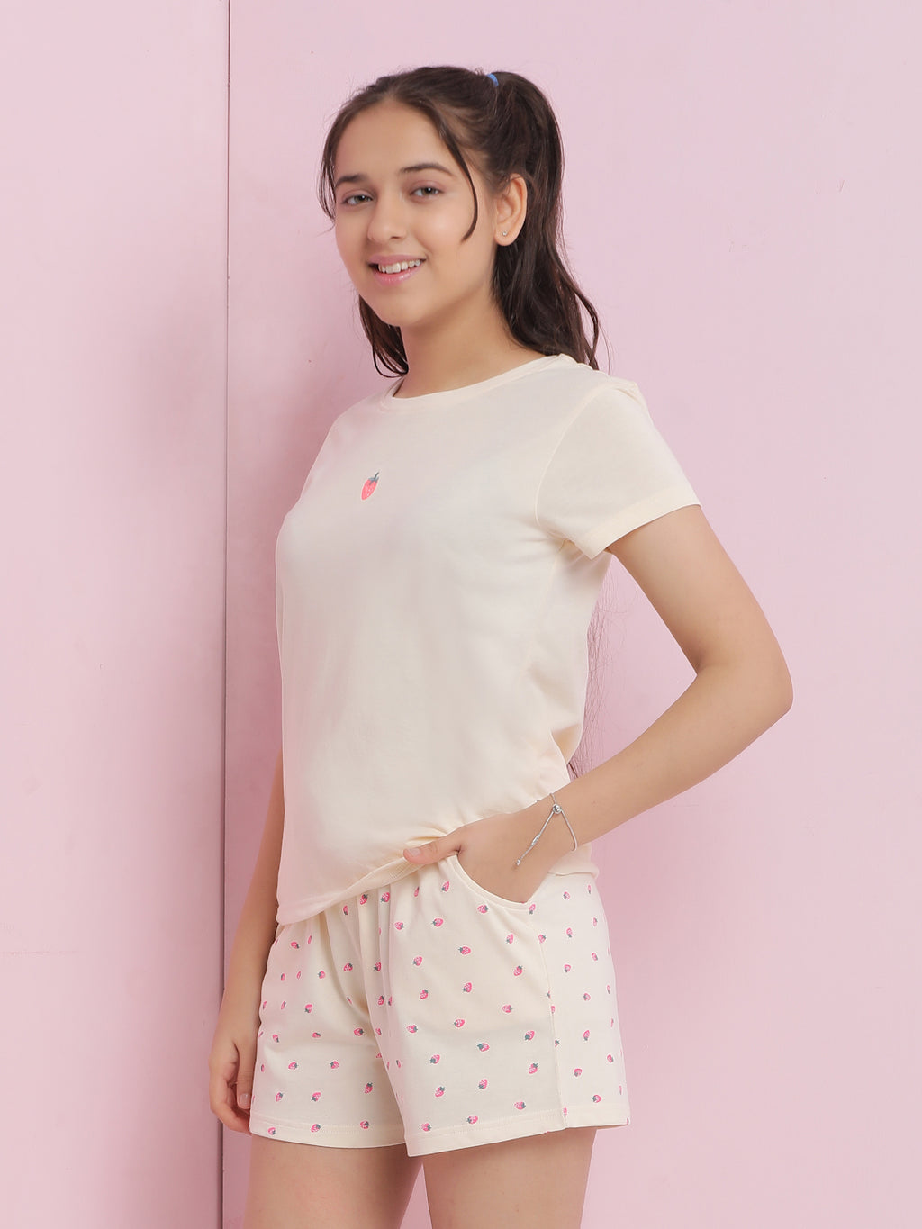 Lil Tomatoes Girls Cotton Night Suits-Cream