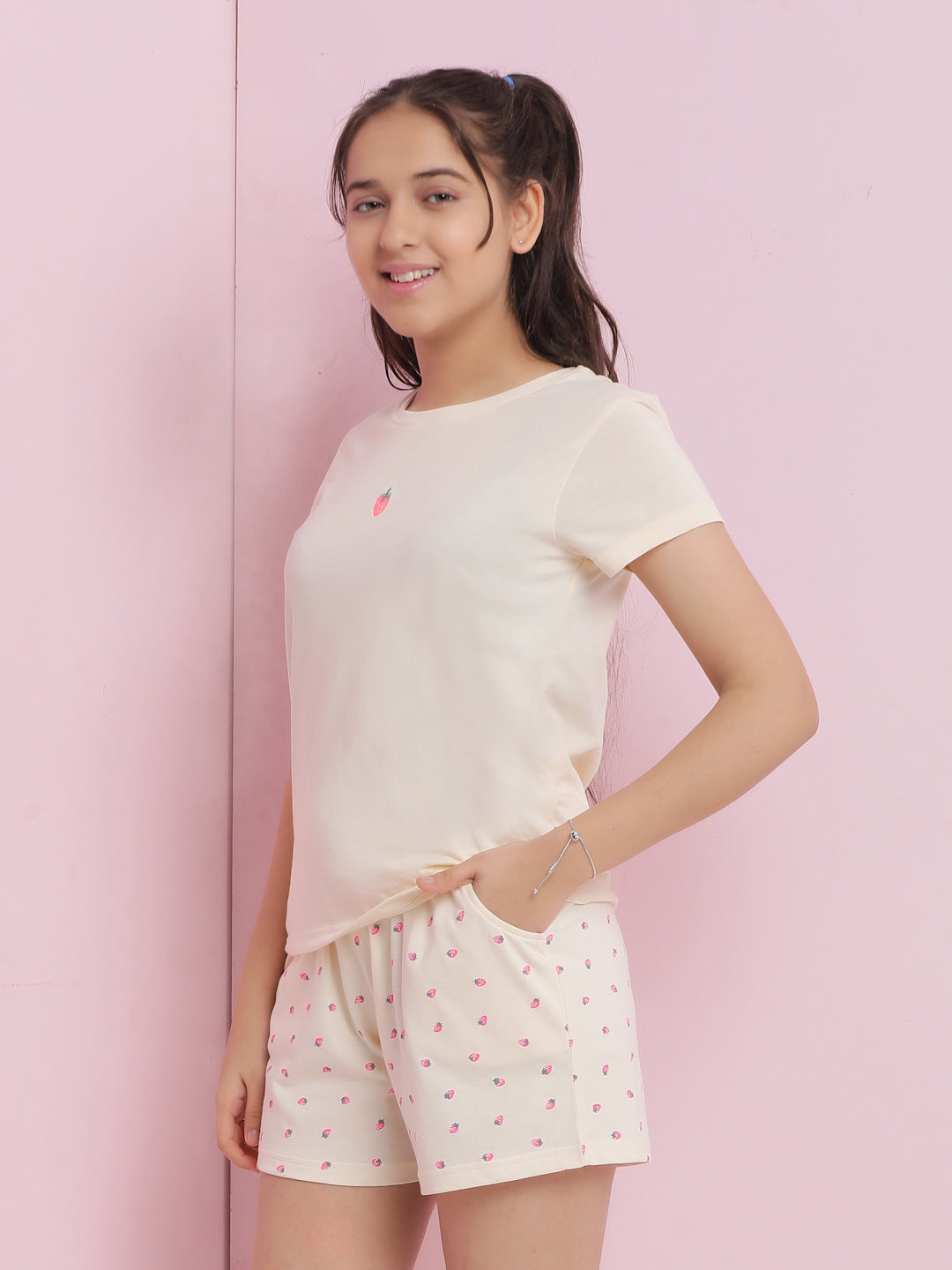 Lil Tomatoes Girls Cotton Night Suits-Cream