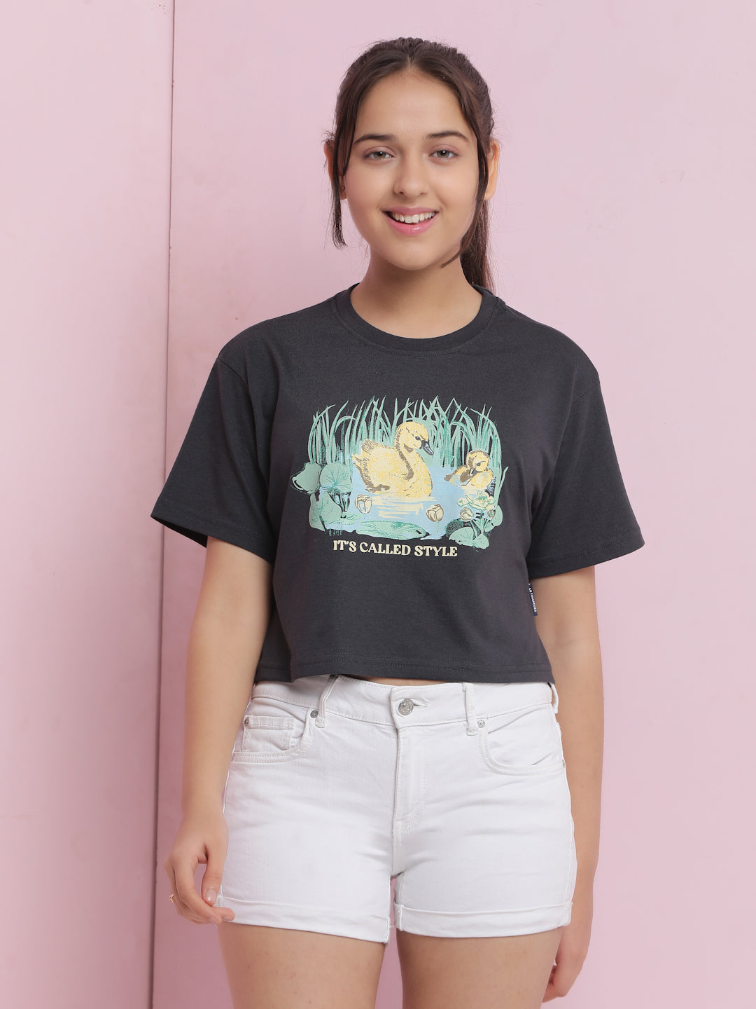 Lil Tomatoes Girls Cotton Crop Top-Charcoal