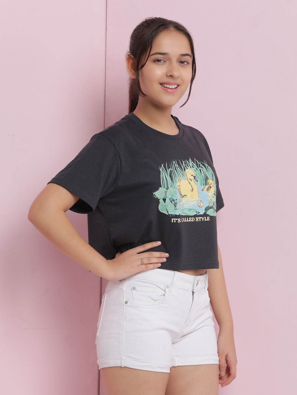 Lil Tomatoes Girls Cotton Crop Top-Charcoal