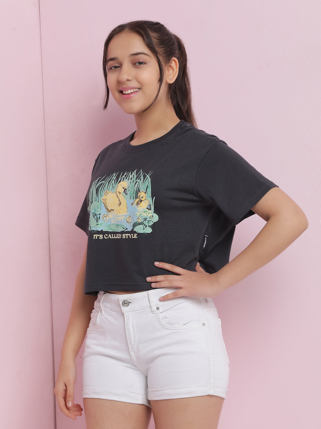 Lil Tomatoes Girls Cotton Crop Top-Charcoal