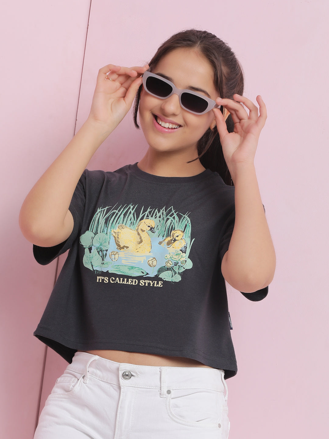 Lil Tomatoes Girls Cotton Crop Top-Charcoal