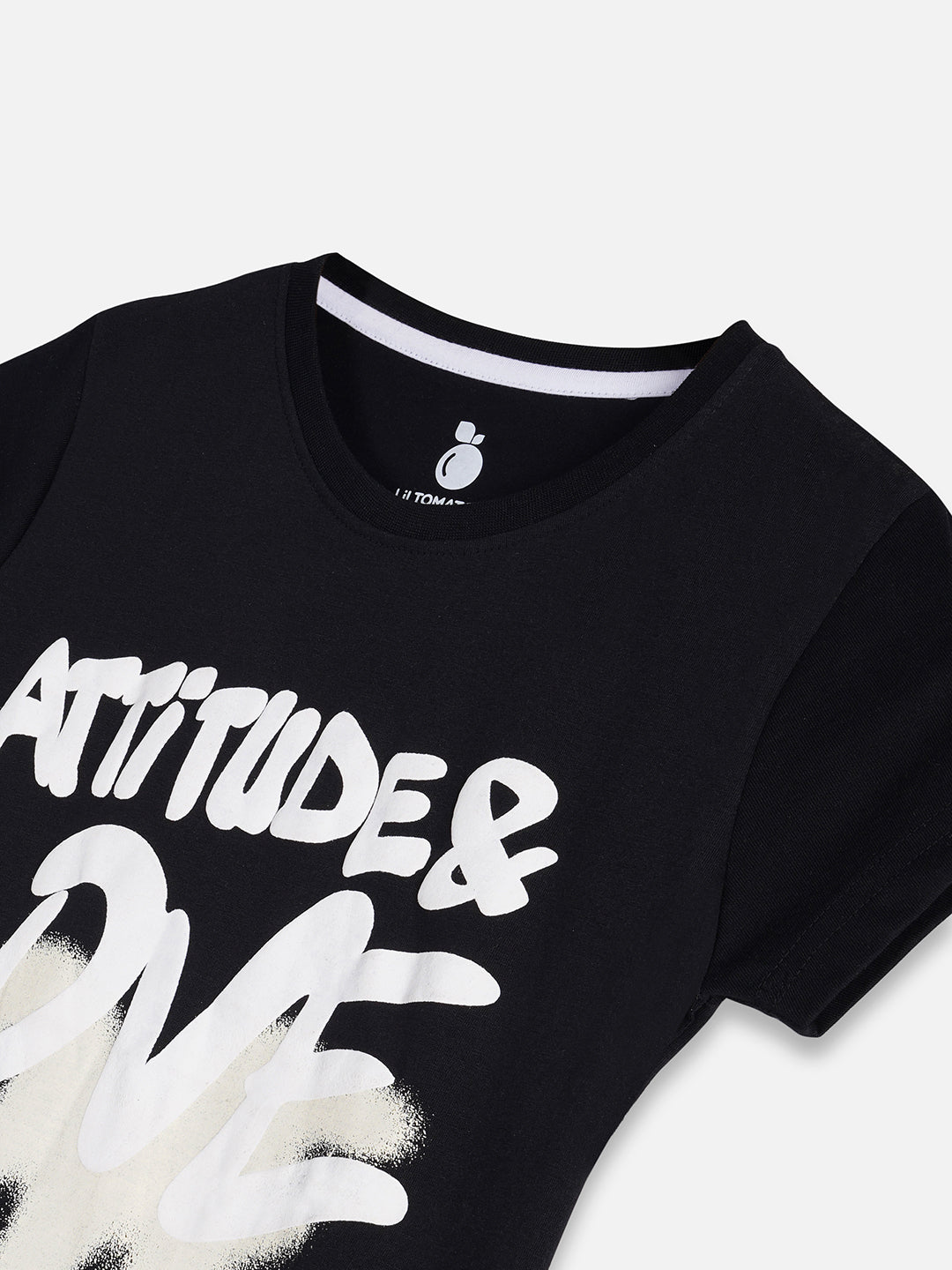 Lil Tomatoes Cotton Half Sleeves Attitude & Love Tex Printed Top-BLACK