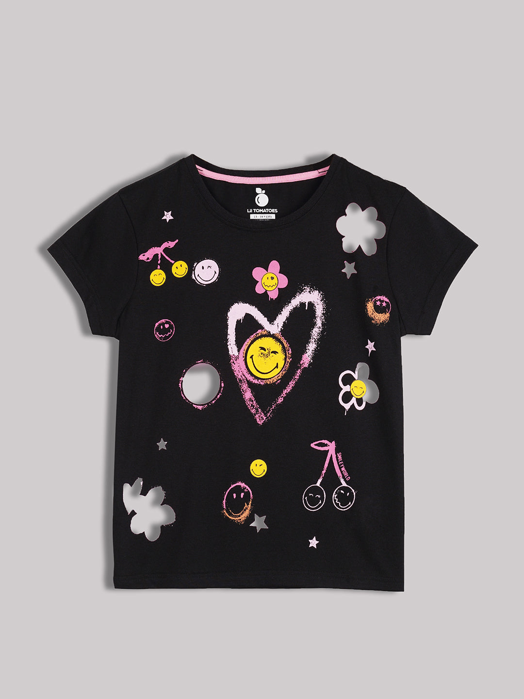 Lil Tomatoes Cotton Half Sleeves Graphic Printed Top-BLACK
