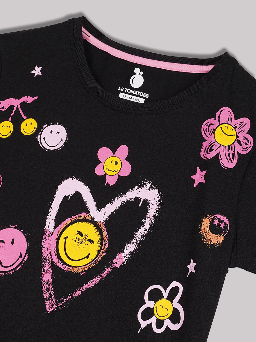 Lil Tomatoes Cotton Half Sleeves Graphic Printed Top-BLACK