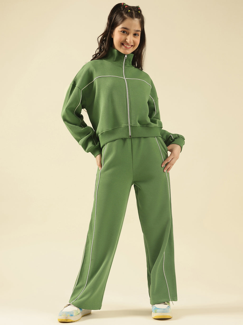 Lil Tomatoes Girls Cotton Fleece Track Suits- OLIVE