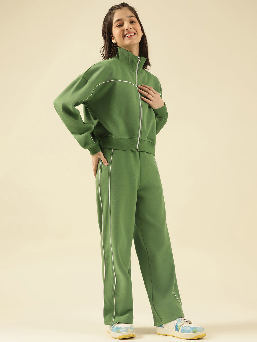 Lil Tomatoes Girls Cotton Fleece Track Suits- OLIVE