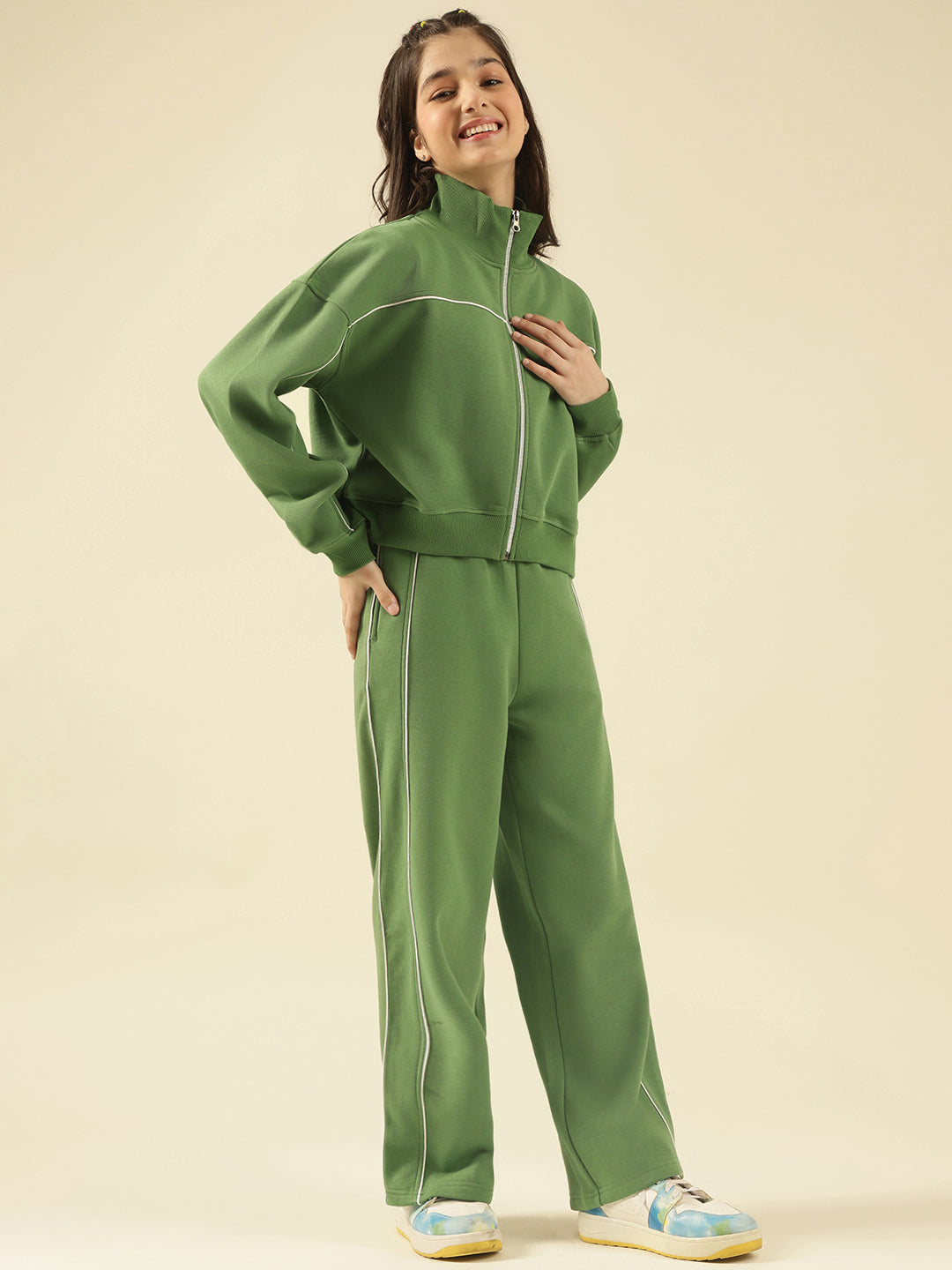 Lil Tomatoes Girls Cotton Fleece Track Suits- OLIVE