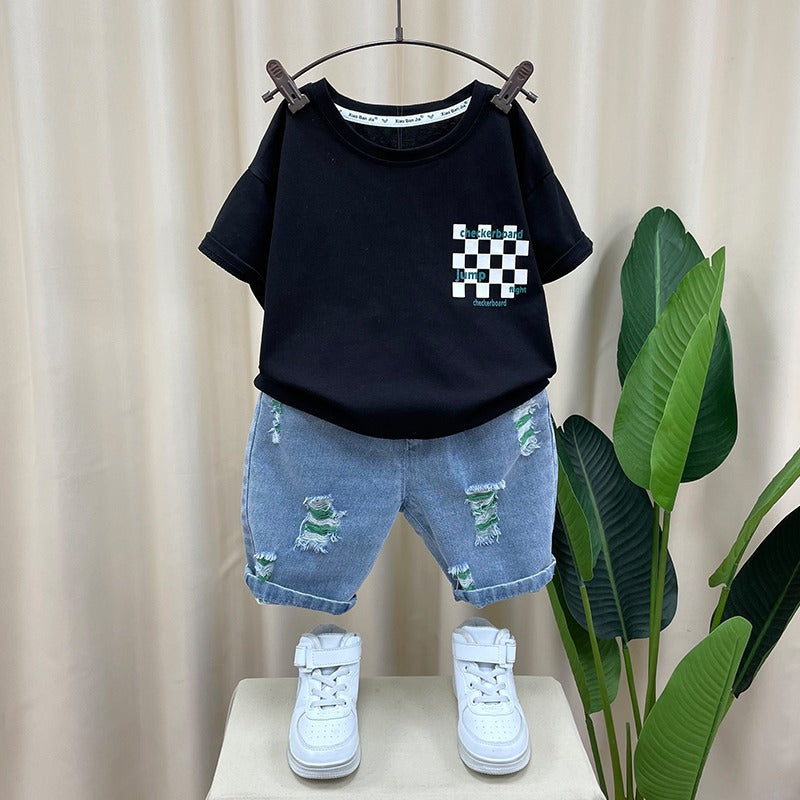 Lil Tomatoes Boys Checkboard Print Tshirt with Distressed Denim Bermuda
