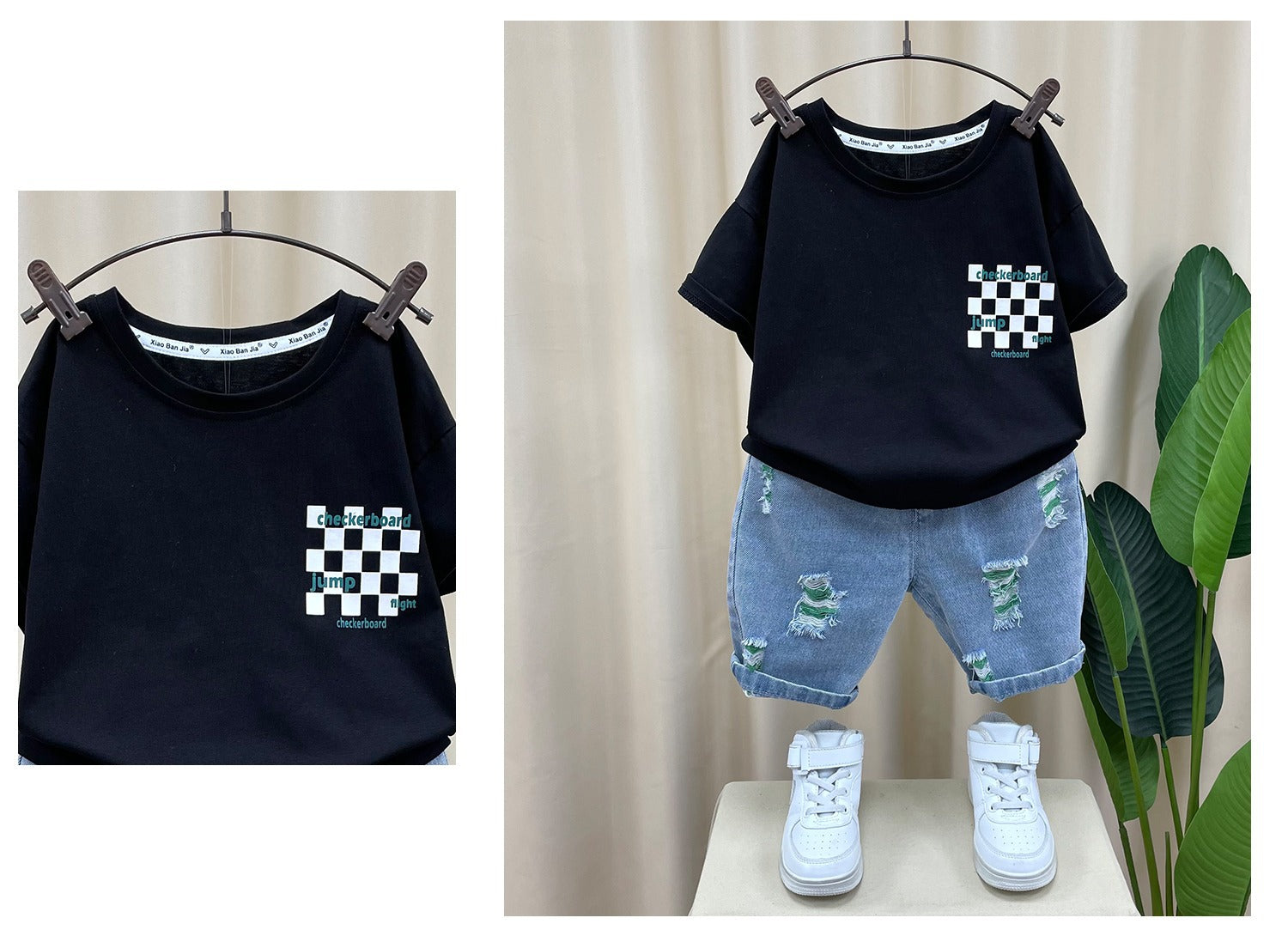Lil Tomatoes Boys Checkboard Print Tshirt with Distressed Denim Bermuda