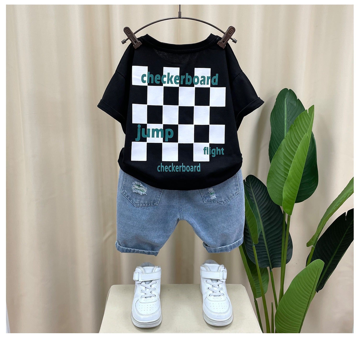 Lil Tomatoes Boys Checkboard Print Tshirt with Distressed Denim Bermuda