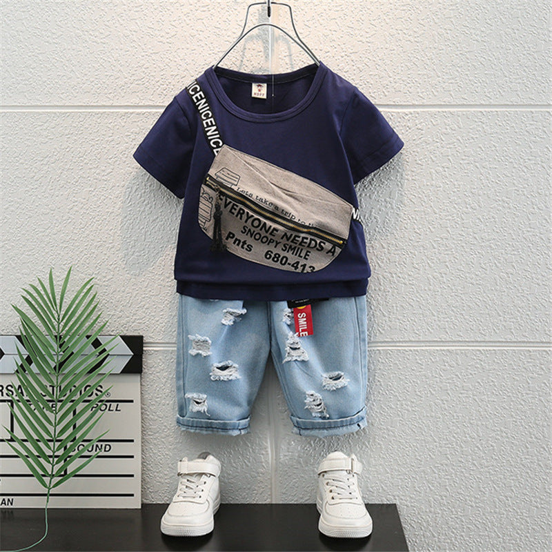 Lil Tomatoes Boys Checkboard Print Tshirt with Distressed Denim Bermuda