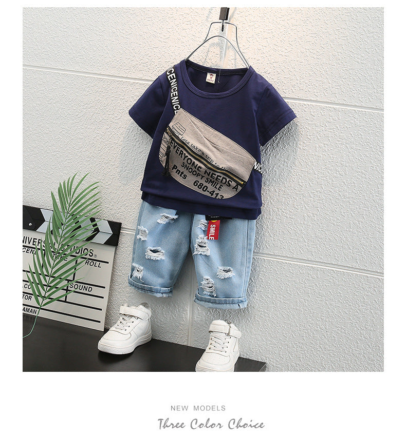 Lil Tomatoes Boys Checkboard Print Tshirt with Distressed Denim Bermuda