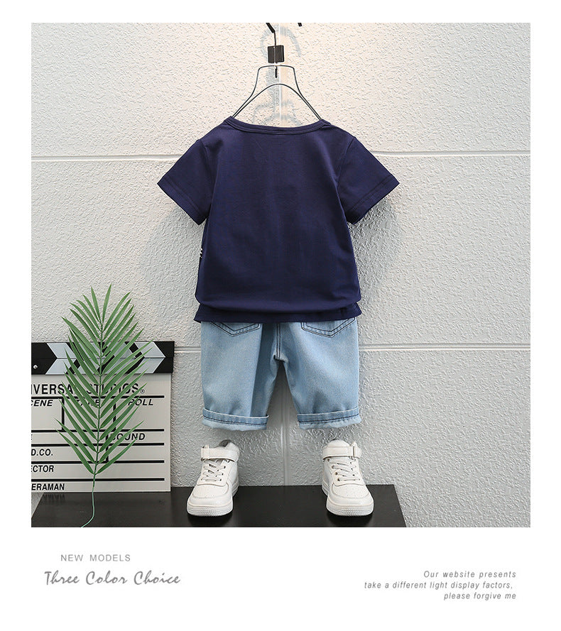 Lil Tomatoes Boys Checkboard Print Tshirt with Distressed Denim Bermuda