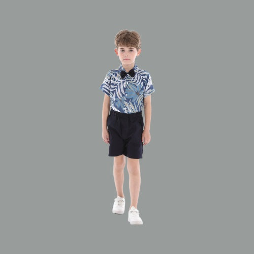 Lil Tomatoes Boys Leaf Print Shirt With Solid Shorts Casual Clothing Sets