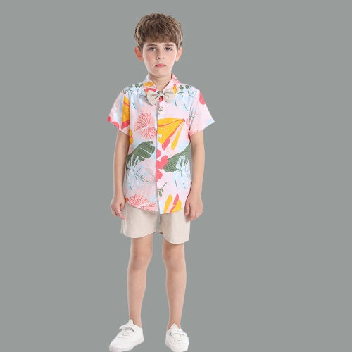 Lil Tomatoes Boys Leaf Print Shirt With Solid Shorts Casual Clothing Sets