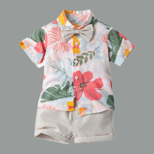 Lil Tomatoes Boys Leaf Print Shirt With Solid Shorts Casual Clothing Sets