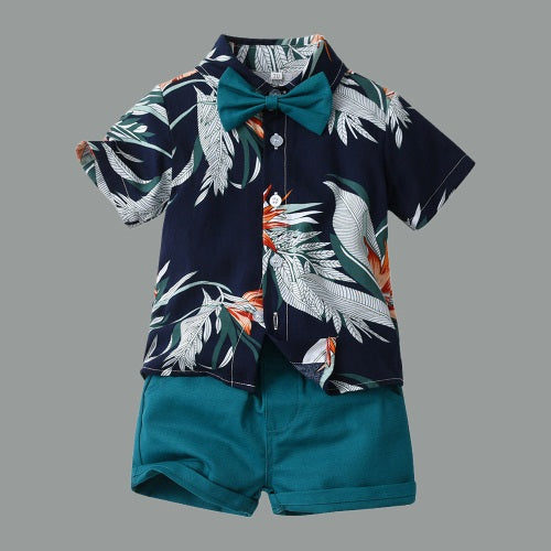Lil Tomatoes Boys Leaf Print Shirt With Solid Shorts Casual Clothing Sets
