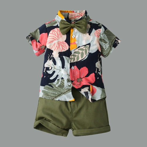 Lil Tomatoes Boys Leaf Print Shirt With Solid Shorts Casual Clothing Sets