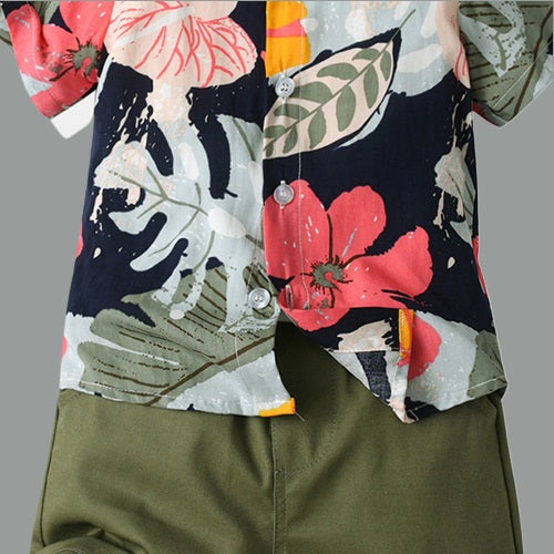 Lil Tomatoes Boys Leaf Print Shirt With Solid Shorts Casual Clothing Sets