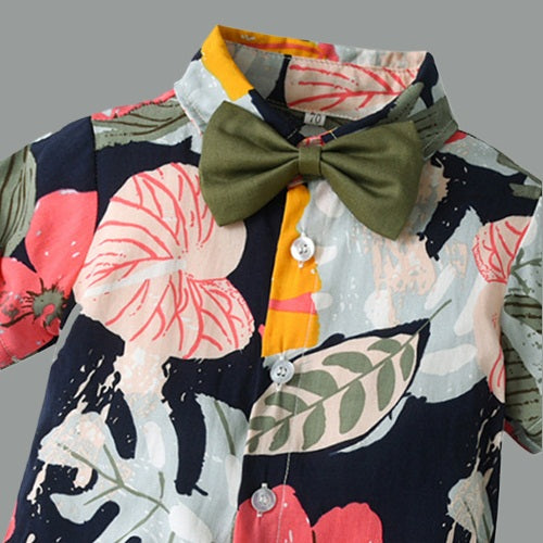 Lil Tomatoes Boys Leaf Print Shirt With Solid Shorts Casual Clothing Sets