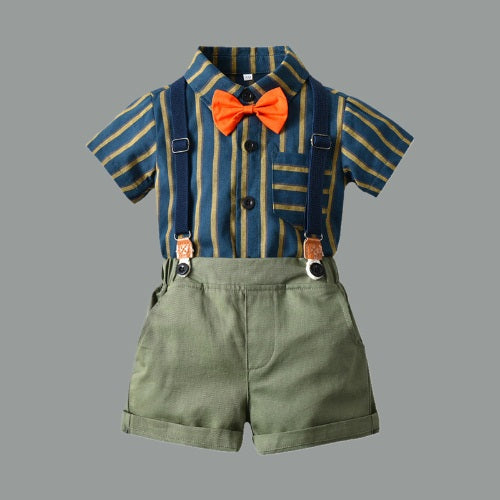 Lil Tomatoes Boys Party Wear Strip Shirt Solid Short With Bow Clothing Sets
