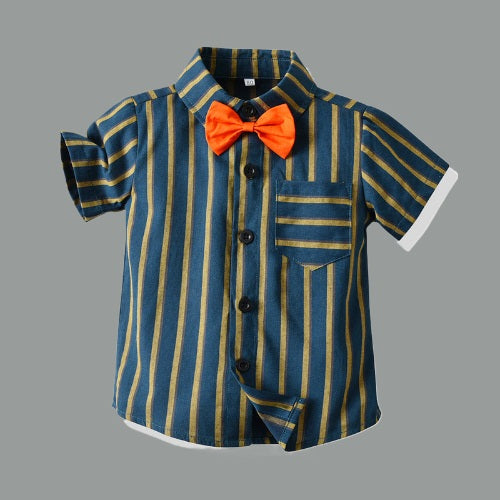 Lil Tomatoes Boys Party Wear Strip Shirt Solid Short With Bow Clothing Sets