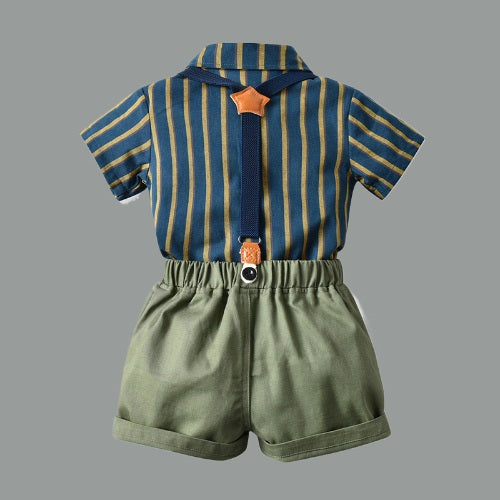 Lil Tomatoes Boys Party Wear Strip Shirt Solid Short With Bow Clothing Sets