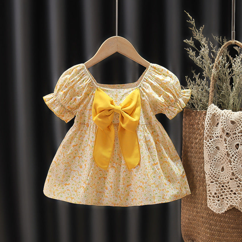 Lil Tomatoes Girls All Over Printed Dress with Bow Applique