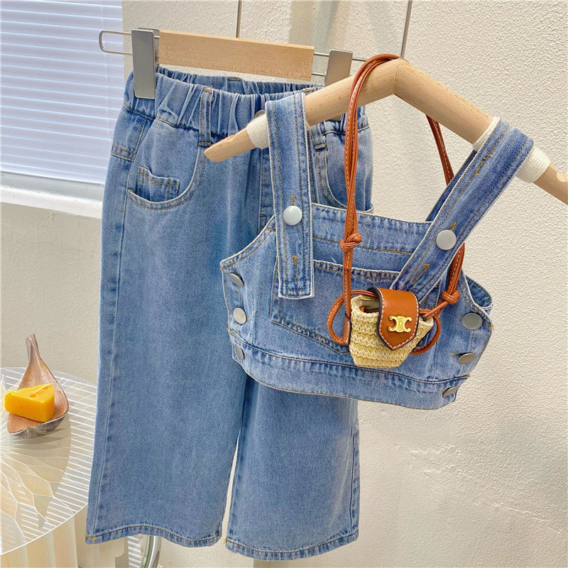Lil Tomatoes Girls Denim Crop Top with Wide Leg Trouser